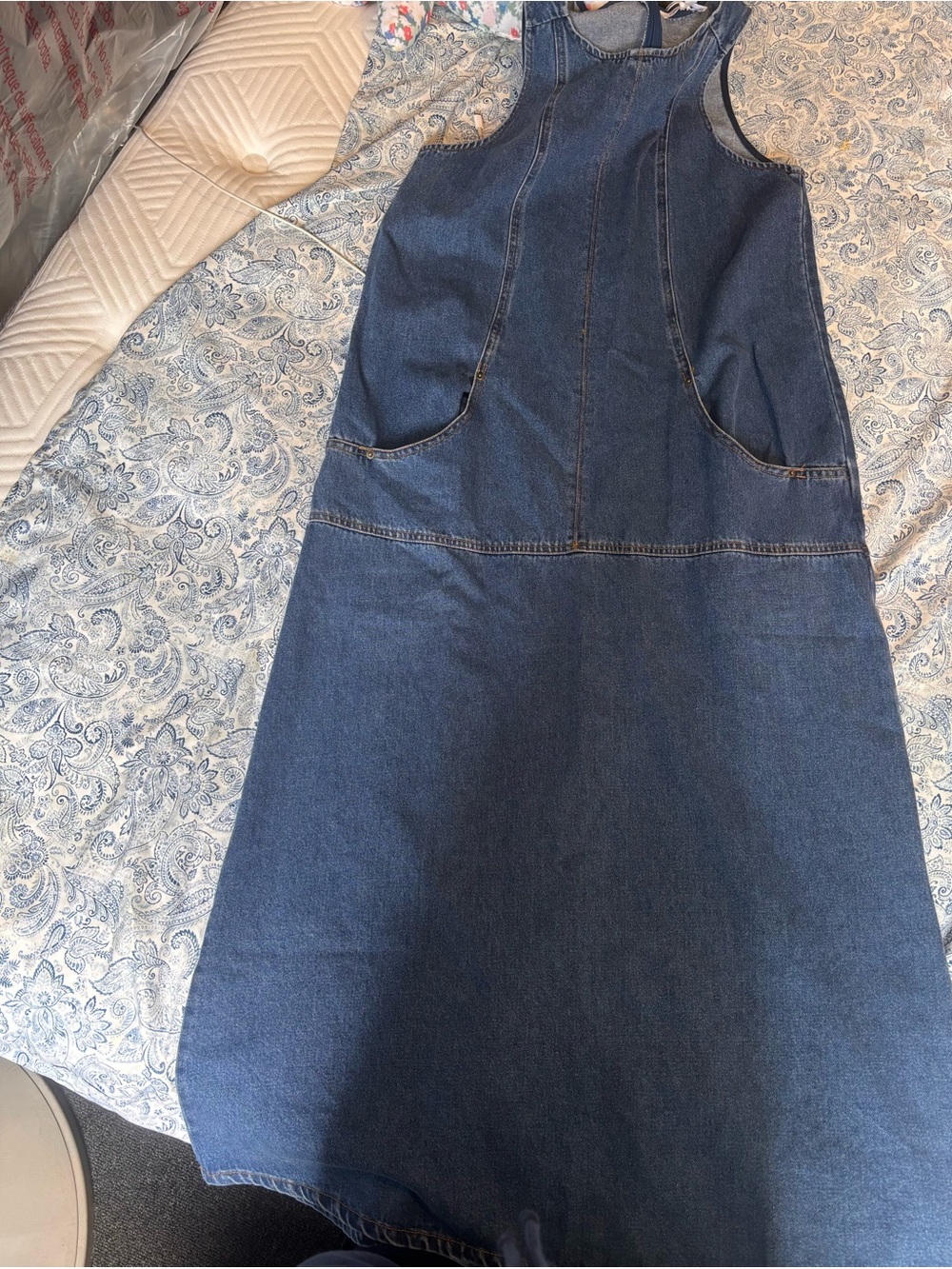Dark Blue Denim Overall Dress with Front Pockets